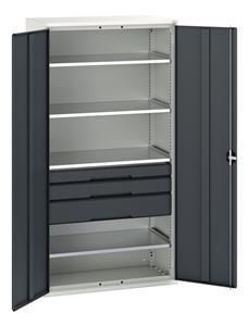 Verso kitted cupboard with 4 shelves, 3 drawers. WxDxH: 1050x550x2000mm. RAL 7035/5010 or selected Bott Verso Basic Tool Cupboards Cupboard with shelves